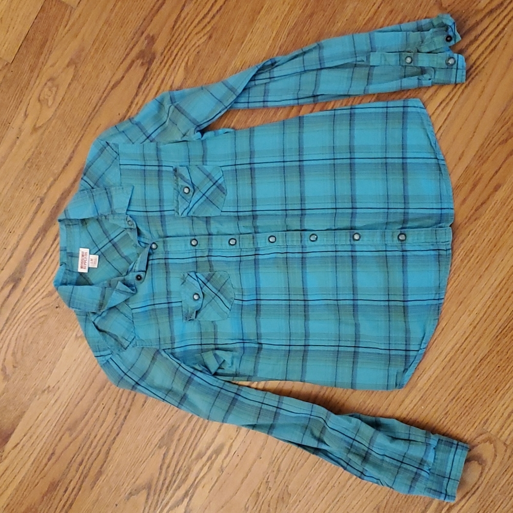 Green and black plaid button down shirt, size medium